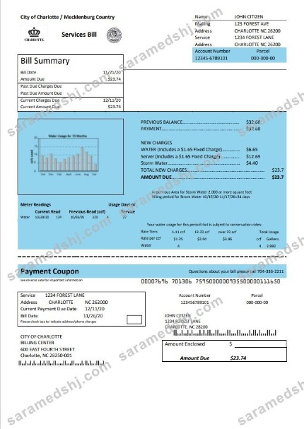 USA North Carolina City of Charlotte water utility bill template in Word and PDF format
